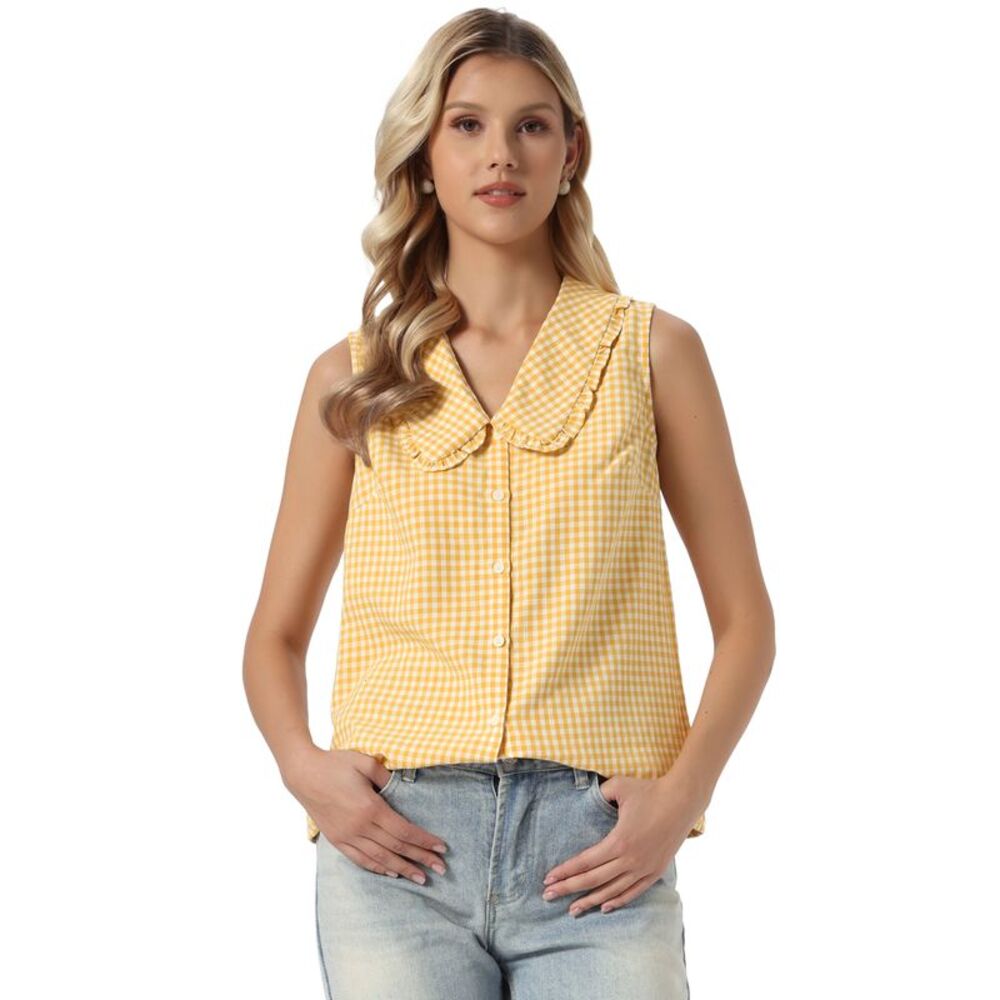 Women's Peter Pan Collar Shirt Button Down Blouse Gingham Top Yellow